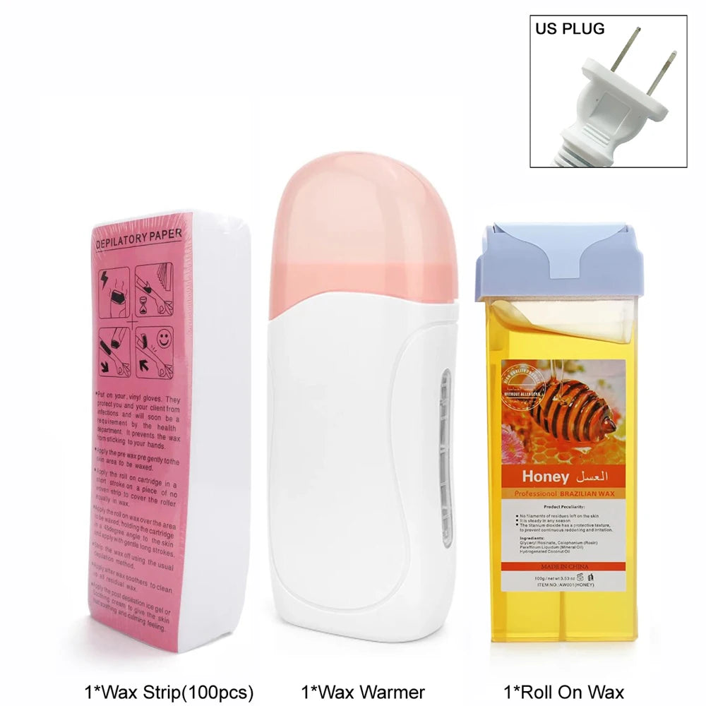 Women Home Hair Removal Kit Roll on Wax Warmer Honey Roller Wax Cartridge 100Pcs Depilatory Wax Strips Body Leg Arm Waxing Set