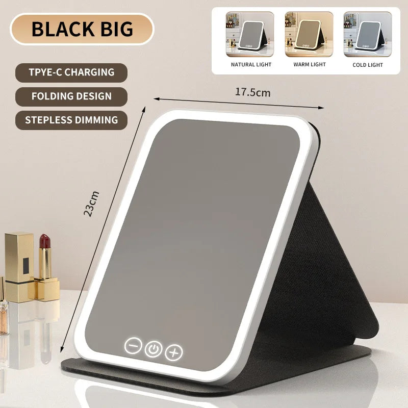 Makeup Mirror LED Dimmable Portable Foldable Design with Touch Screen 3 Colors Light Stepless USB Charging for Beauty Fashion