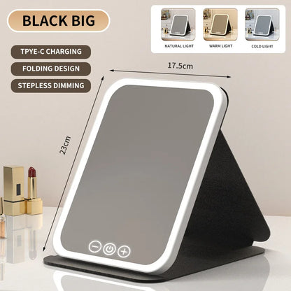 Makeup Mirror LED Dimmable Portable Foldable Design with Touch Screen 3 Colors Light Stepless USB Charging for Beauty Fashion