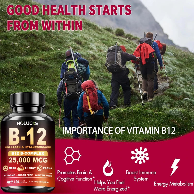 Vitamin B12 Capsules, with MSM, Marine Collagen, Support Mood & Mental Focus, Heart, Skin, Bone & Nervous System Health, Immune