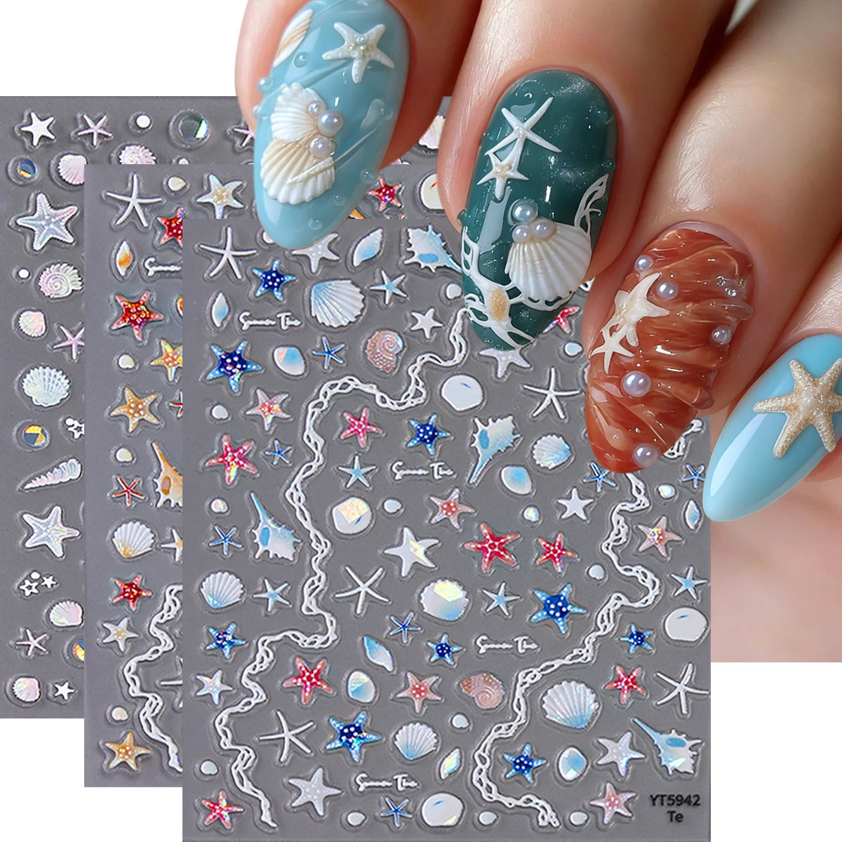 Ocean Aurora Embossed Seashell Nail Stickers - Summer Dreamy Seashell Glow Starfish Seashell Embossed Nail Stickers