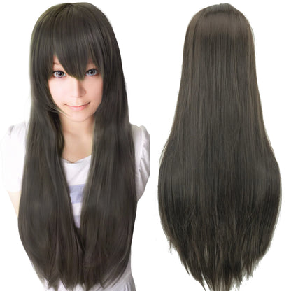 80cm Straight Synthetic Cosplay Wig White Purple Green Silver Pink Lolita Hairpiece with Bangs Long Wigs