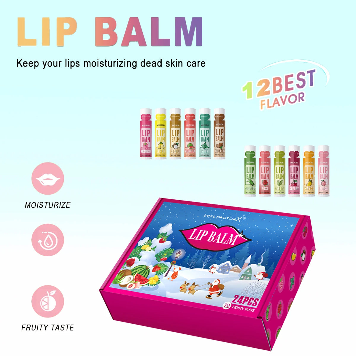24PCS/ Box 12 Kinds of Flower and Fruit Lip Balm Set Gift Natural Fragrance Moisturizing Exfoliating and Brightening Lip Color