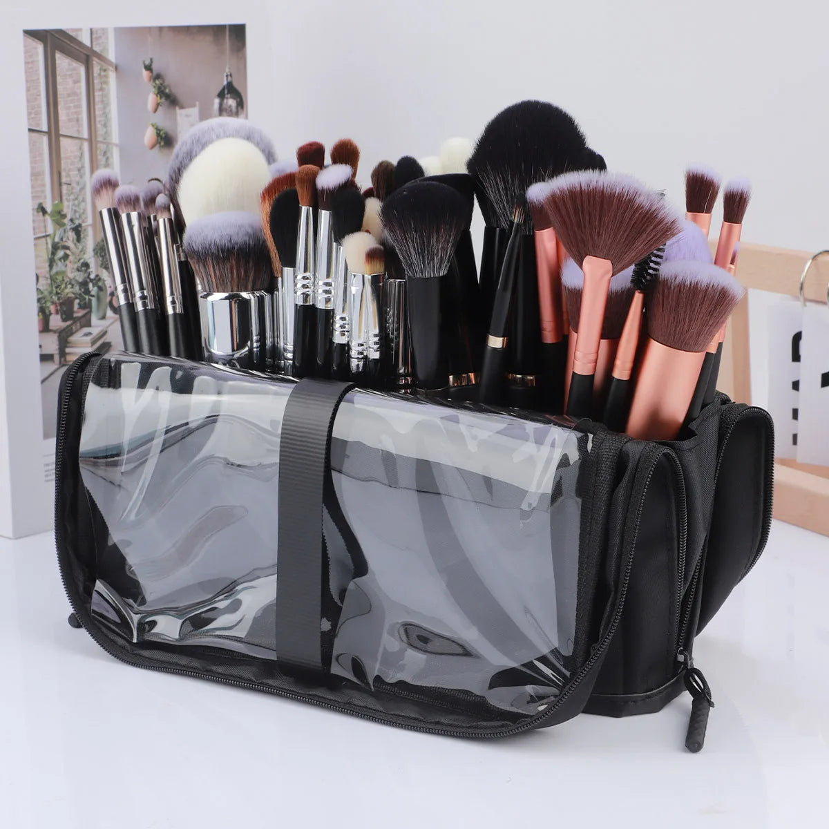 Large Black Foldable Makeup Bag 14-40 Hole Storage Organizer for Beauty Brushes Cosmetic Pouch with Handles