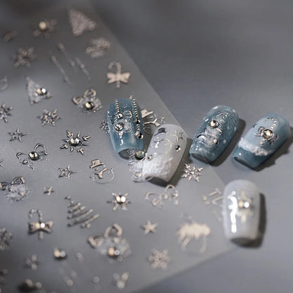 Luxury Gold Silver Nail Stickers Christmas Tree Elk Snowflake Bow Pattern Nail Stickers Self adhesive Decoration Accessories DIY