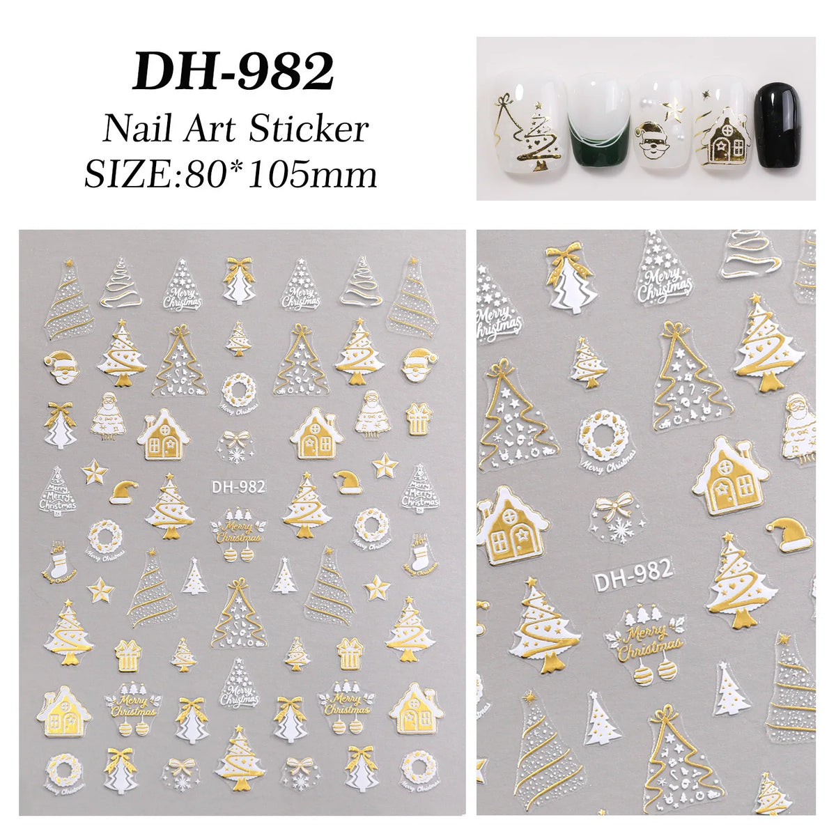 3pcs Christmas nail stickers - featuring green trees, red bows, and gold decorations - self-adhesive tree snowflake stickers
