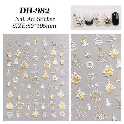 3pcs Christmas nail stickers - featuring green trees, red bows, and gold decorations - self-adhesive tree snowflake stickers