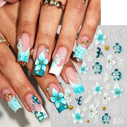 5D Embossed Teal Hibiscus Flower Nail Art Stickers Blue Floral Petal with Golden Starfish Shell French Water Ripple Summer Decal