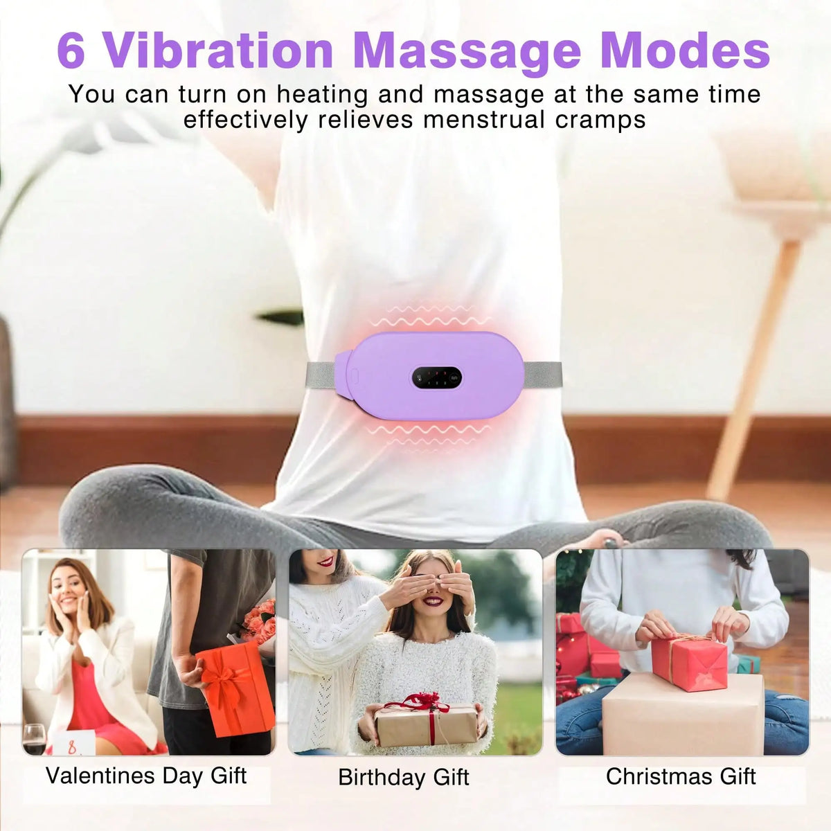 Menstrual Heating Pad, Portable Cordless Heating Pads For Cramps Period Cramp Massager With 6 Heat Levels And 6 Massage Modes, Purple