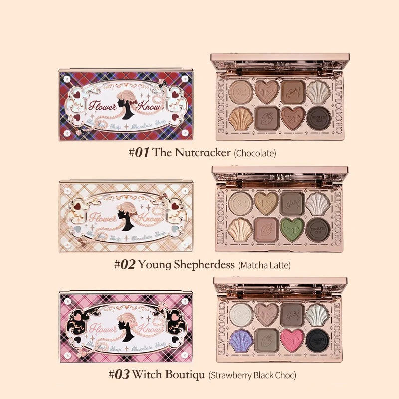 Flower Knows Makeup Eyeshadow Chocolate Wonder-Shop Glitter Matte Eye Shadow Palette 8-Color Eye Vegan Makeup Cosmetics