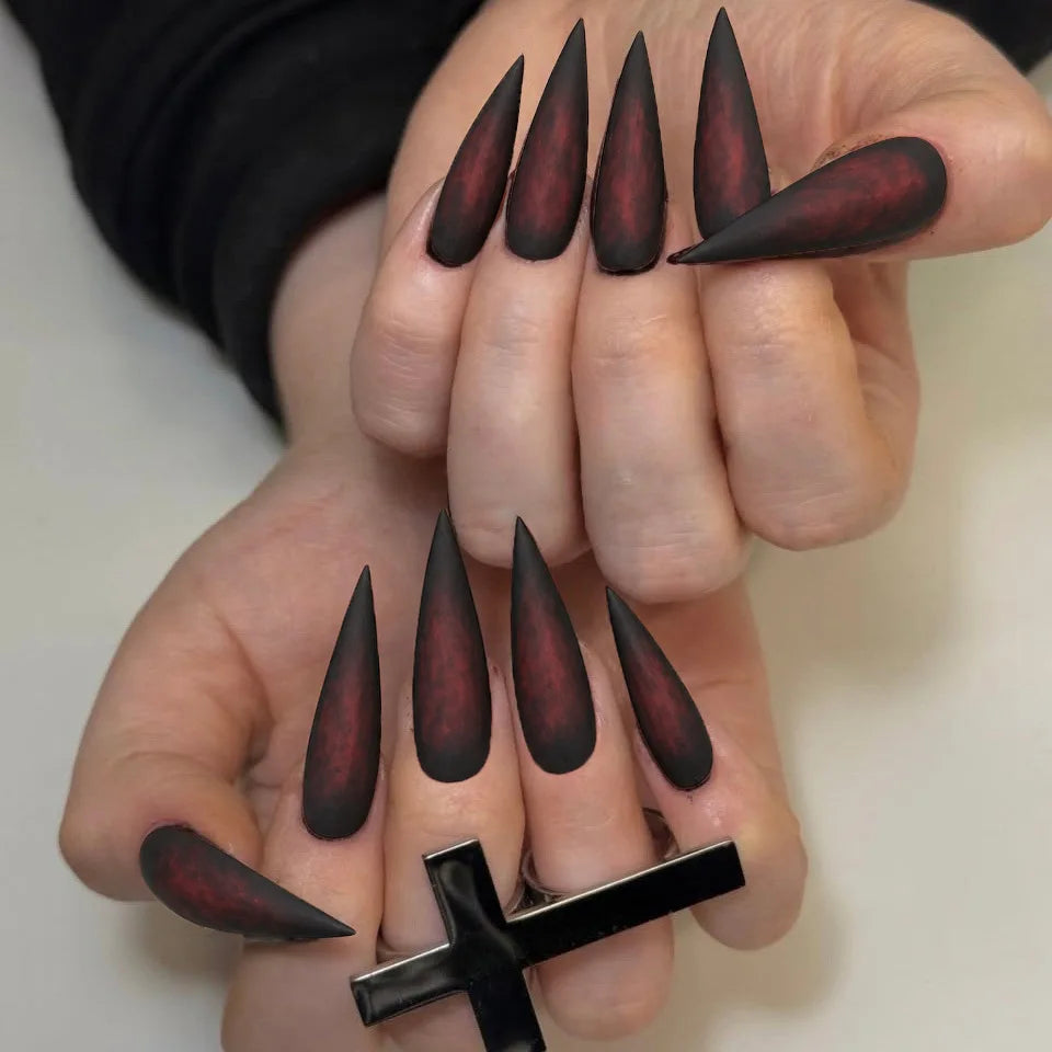 24pcs Blood Red Fake Nails Gradient Long Pointed False Nail Patch Full Cover Wearable Fake Nail Tips Halloween Manicure Sets
