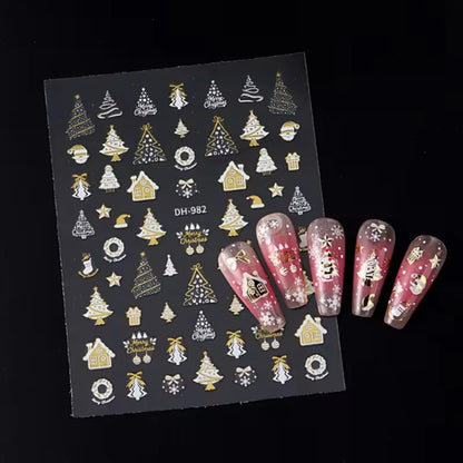 3pcs Christmas nail stickers - featuring green trees, red bows, and gold decorations - self-adhesive tree snowflake stickers