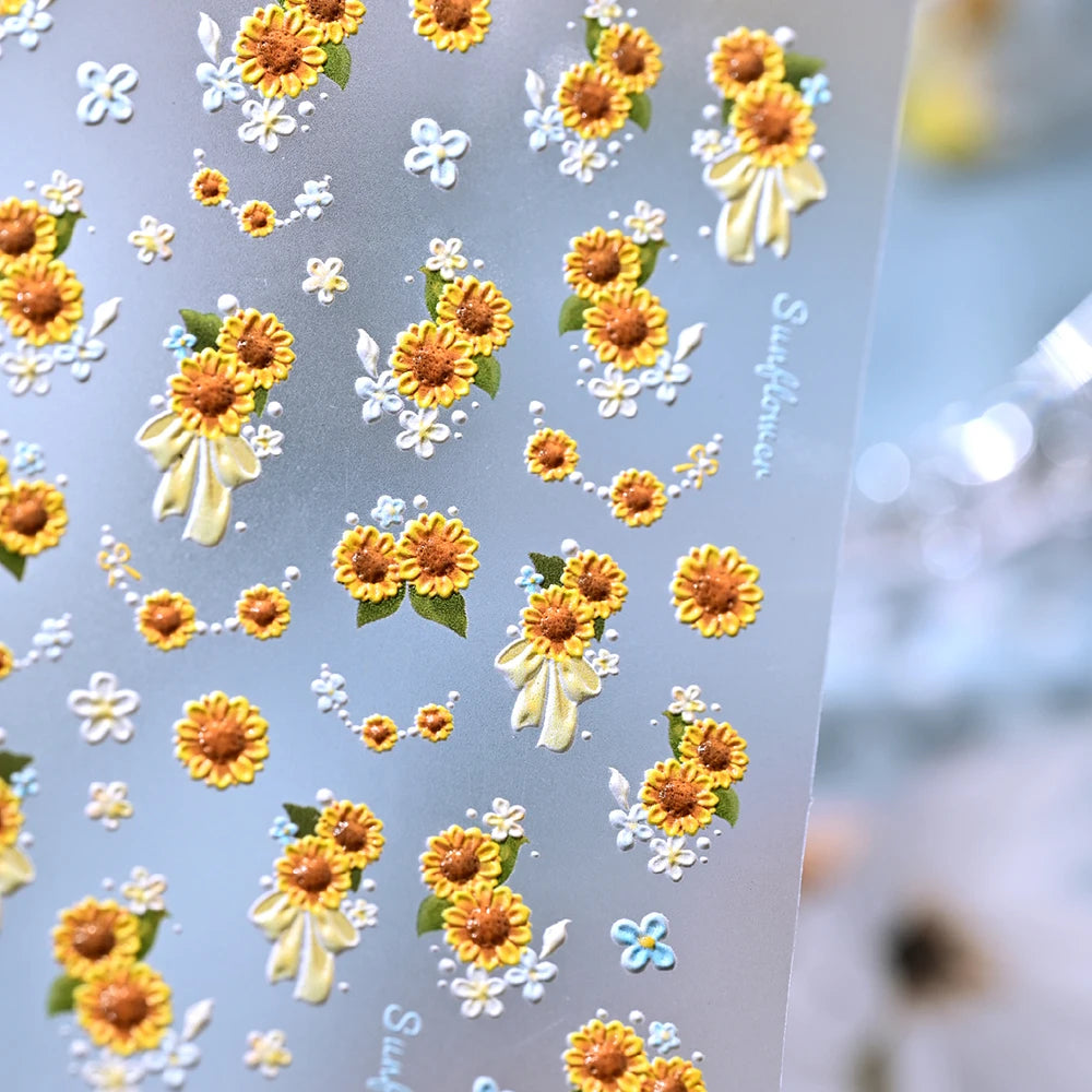 1 Sheet 5D Embossed Sunflower Nails Sticker Cute Spring Summer Floral Nail Decals Self-Adhesive Sunflower Nail Supplies DIY SW2$
