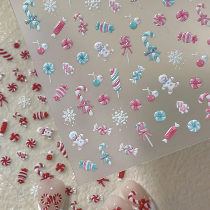 Cute Cartoon Christmas 5D Nail Stickers Red White Candy Cane Mint Cookie Gingerbread Man Snowflake Self Adhesive Nail Decals