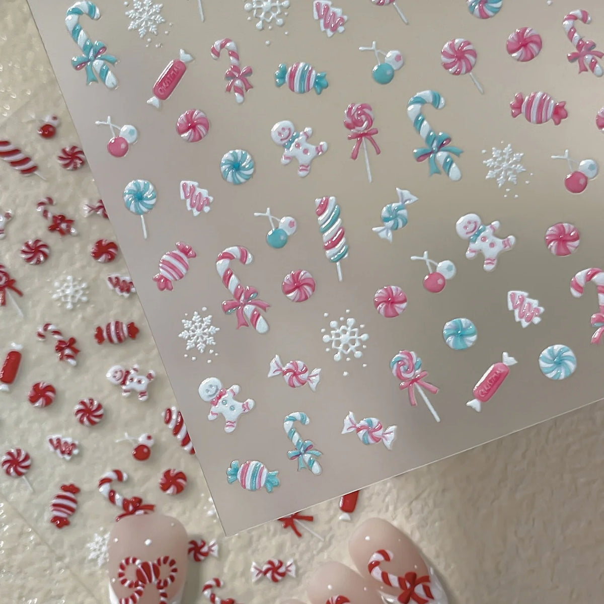 Cute Cartoon Christmas 5D Nail Stickers Red White Candy Cane Mint Cookie Gingerbread Man Snowflake Self Adhesive Nail Decals