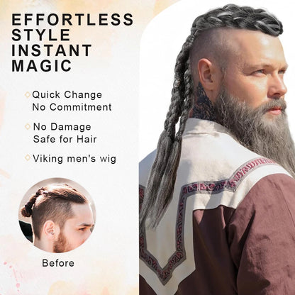 Synthetic 24" Handmade Viking Braided Ponytail Wig Men Clip In Hair Extensions,Halloween Renaissance Warrior Costume Accessories