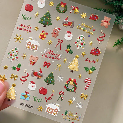 1pcs Gold-foiled Christmas Tree 5D Nail Stickers Bow Holly Snowflake Wreath Christmas Nail Decals Cartoon Merry Christmas Decora