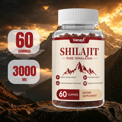 Vanayt Pure Himalayan Shilajit Gummies 3000mg Ashwagandha Ginger Herbal Supplement 60Pcs Support Energy Immunity Antioxidant