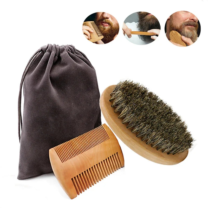 Soft Boar Bristle Wood Beard Brush Hairdresser Shaving Tool Men's Mustache Comb Kit With Bag Beard Hair Comb Set