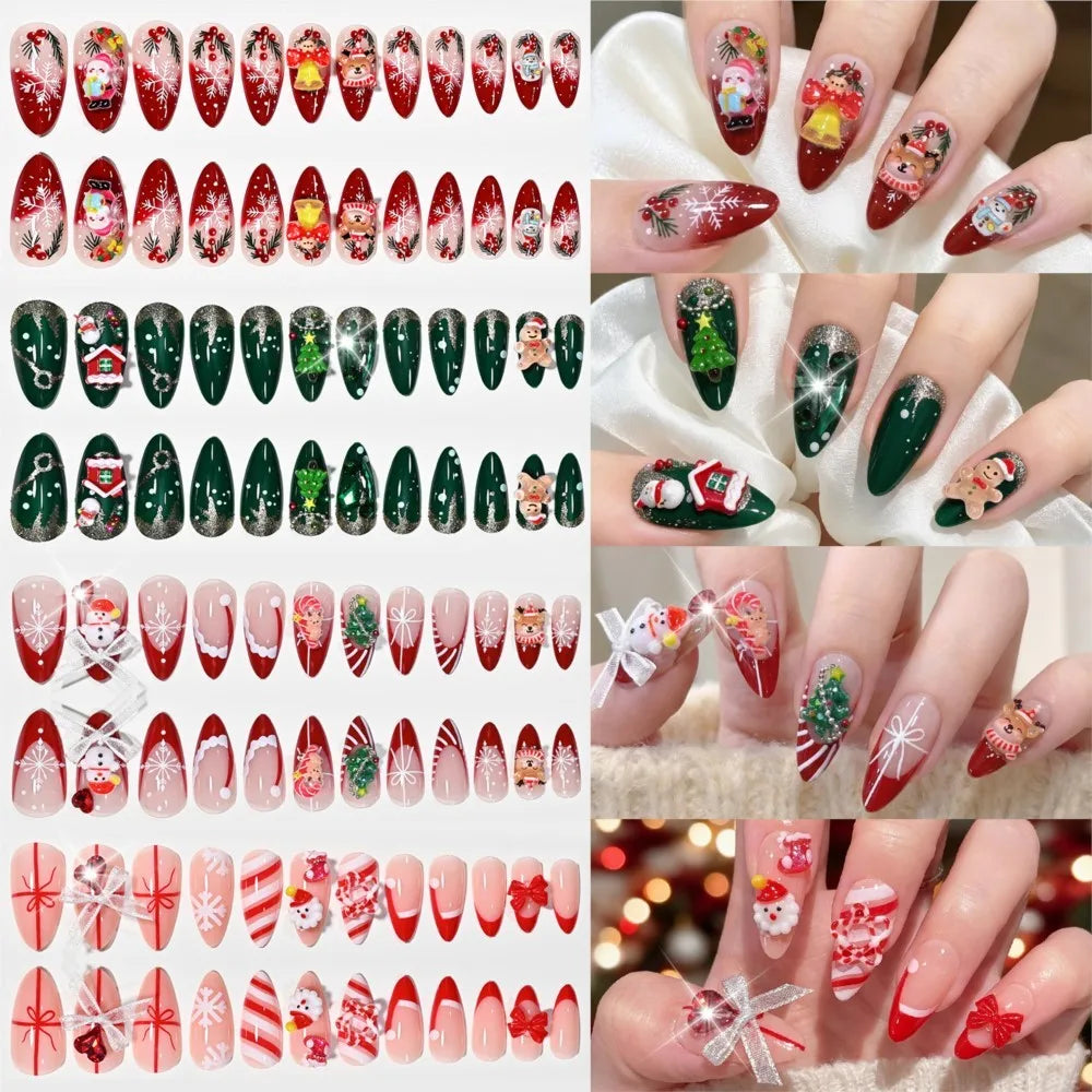 96PC 3D Red Green Medium Almond Christmas Press On Nails Cute Elk/Bell/Snowman/Santa Claus/Xmas Tree Fake Nails Full Cover Nails
