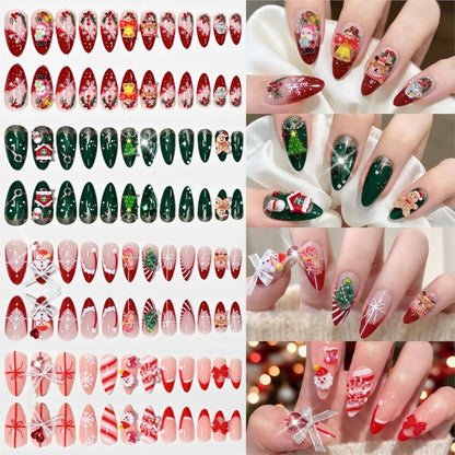 96PC 3D Red Green Medium Almond Christmas Press On Nails Cute Elk/Bell/Snowman/Santa Claus/Xmas Tree Fake Nails Full Cover Nails