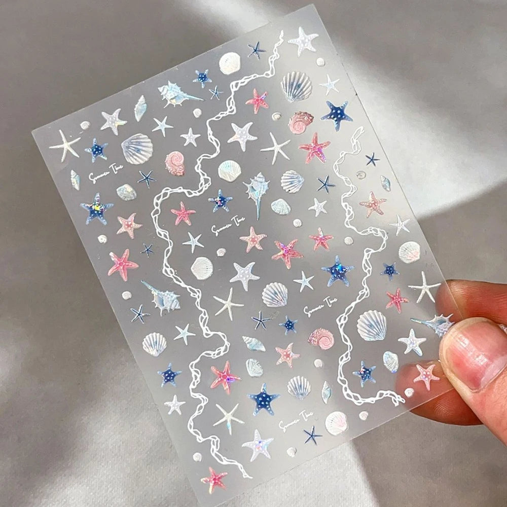 1pc Shell Light Starfish Shell Nail Stickers Cute Starfish Decorative Stickers For Nails DIY 3D Self Adhesive Summer Nail Decals
