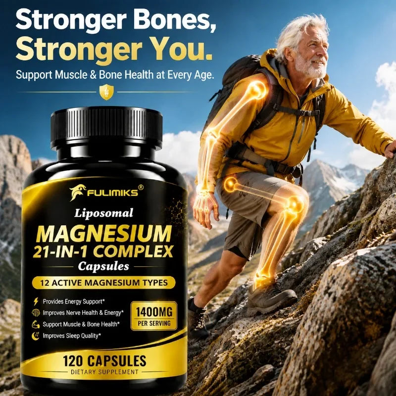 Magnesium 21-in-1 Capsules L-Theanine Ashwagandha CoQ10 B6 B12 D3 C Zinc, Support Nerve Relieve Stress Sleep Muscle Bone Health