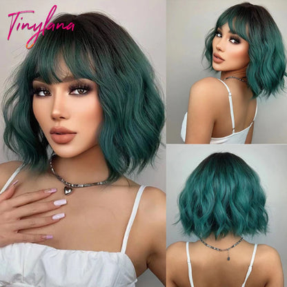 Curly Short Bob Brown Wavy Synthetic Wigs with Bangs Lolita Cosplay Brown Wig for Women Natural Daily Party Hair Heat Resistant