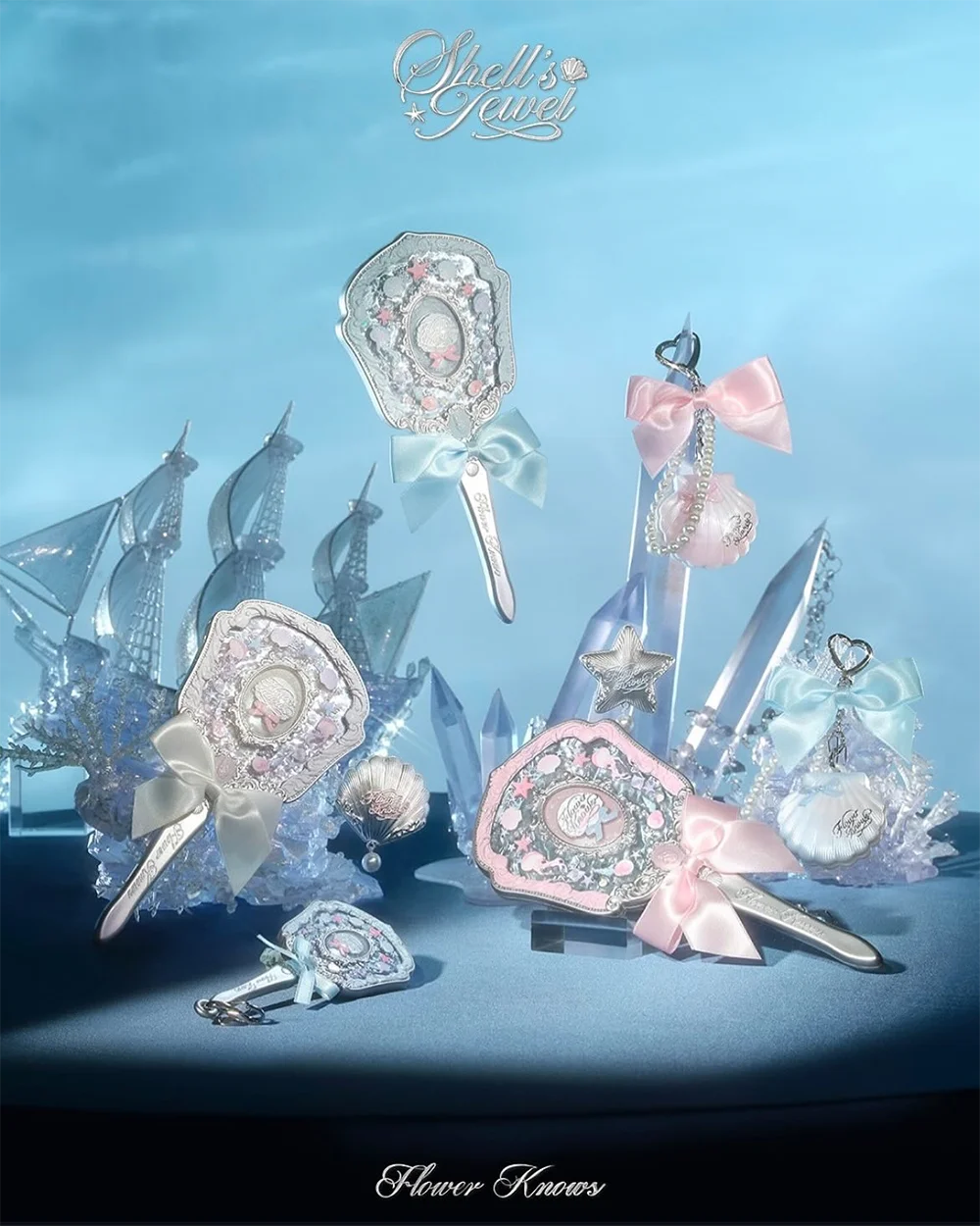 Flower Knows Shell Jewel Hand Mirror Ocean Style Makeup Mirror Portable Compact Beauty Mirror Aesthetic Princess Vanity Mirror