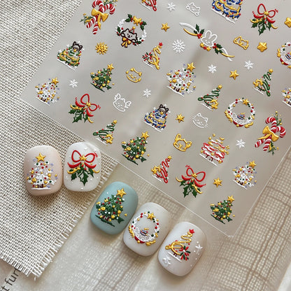 1pcs Gold-foiled Christmas Tree 5D Nail Stickers Bow Holly Snowflake Wreath Christmas Nail Decals Cartoon Merry Christmas Decora