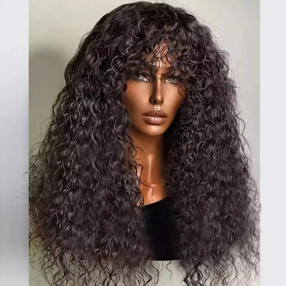 30inch Water Wave Human Hair Wigs With Bang Glueless Fringe Wig Kinky Deep Water Wig With Bangs Full Machine Made Wig Easy To Go