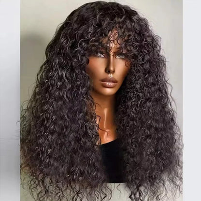 30inch Water Wave Human Hair Wigs With Bang Glueless Fringe Wig Kinky Deep Water Wig With Bangs Full Machine Made Wig Easy To Go