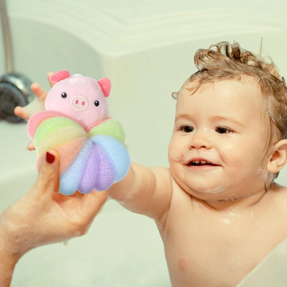 2 Pcs Bath Loofahs, Kids Toddler Cute Cartoon Bath Sponges, Loofah Bath Pouf, Body Scrubber Mesh Loofah Sponges (Animal)