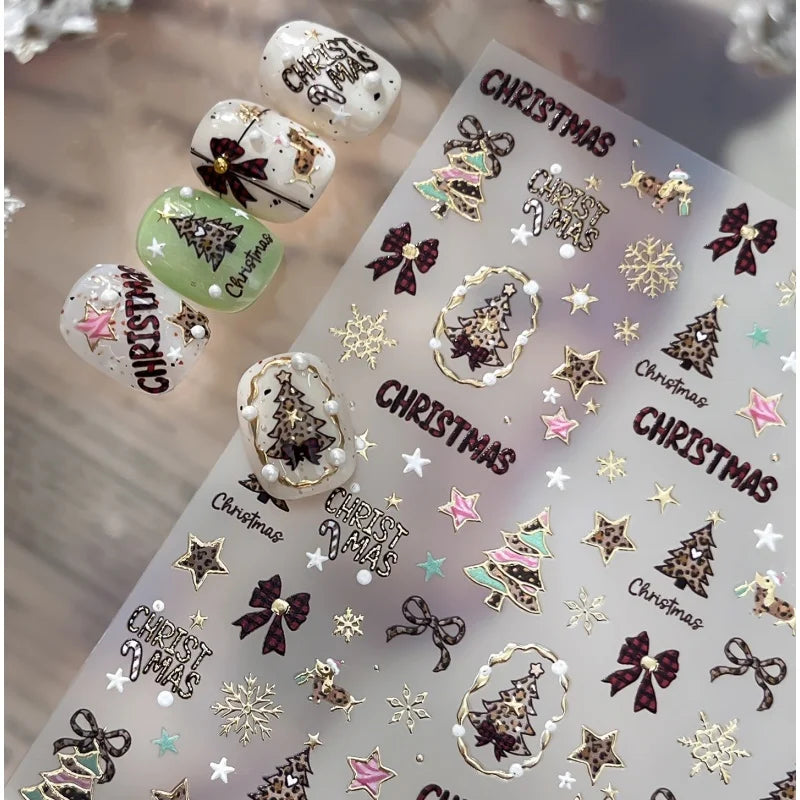 Leopard Print Christmas Tree Nail Art Stickers Golden Lines Butterfly Knots Stars Snowflakes Letters Nail Decoration Sticker DIY
