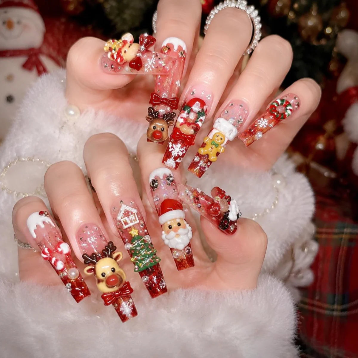 1Box Cartoon Creative Elk Santa Claus Gloves Bow Nail Art Decorations Cute Socks Bell Resin Nail Charms for DIY Christmas Nails