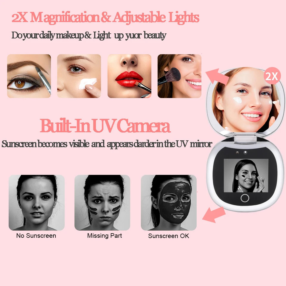 UV Mirror for Sunscreen Test Camera,Sun Protection Visualization Travel Makeup Mirror，with LED Light Compact Hand Mirror