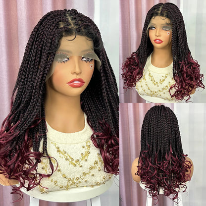 Knotless Box Braided Wig with Wavy Ends Synthetic Lace Frontal 1B-30 Dark Ombre Braided Lace Wig with Baby Hair for Black Women
