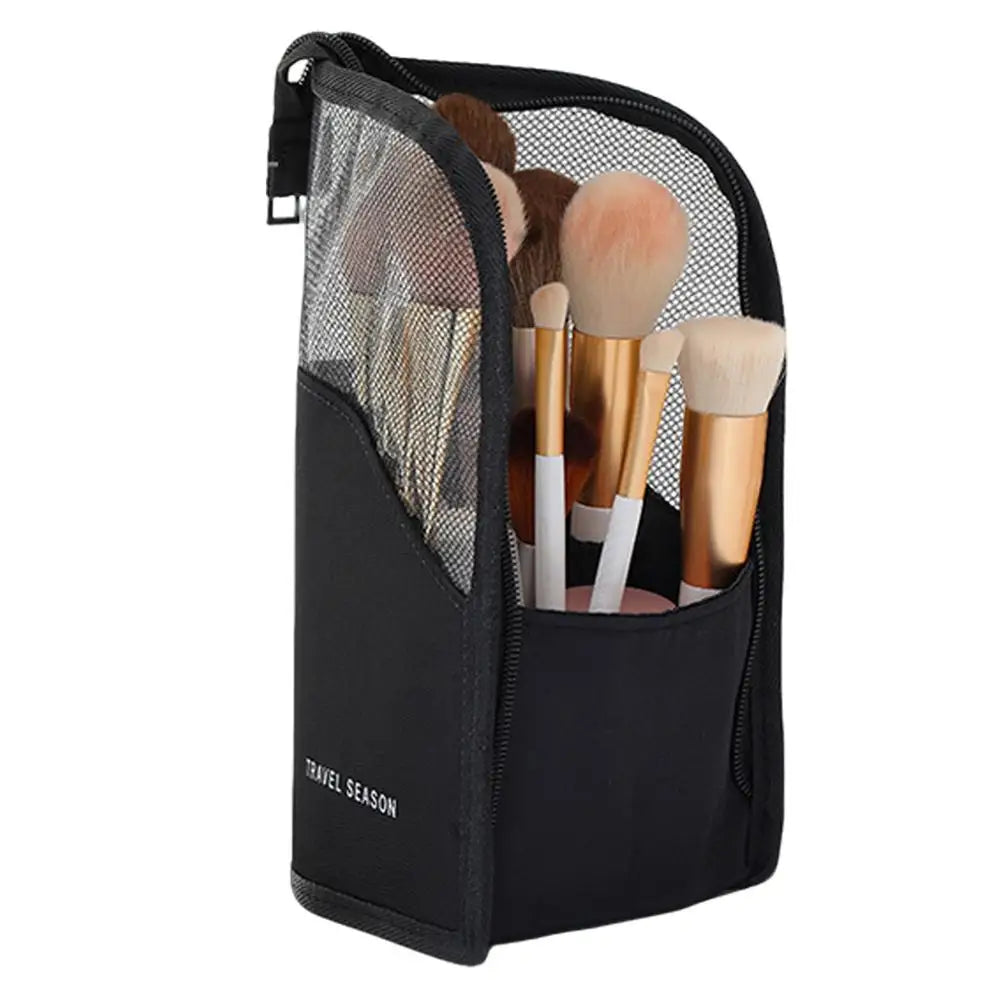 New Standing Makeup Brush Holder Bag 2 in 1 Travel Cosmetic Pouch Mesh Waterproof Portable Toiletry Storage Organizer