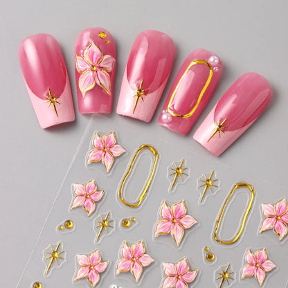 5D Floral Embossed Nail Stickers Bronzing Hibiscus Flower Petals Star Frame Elegant Nail Art Decals for Spring Summer Decor