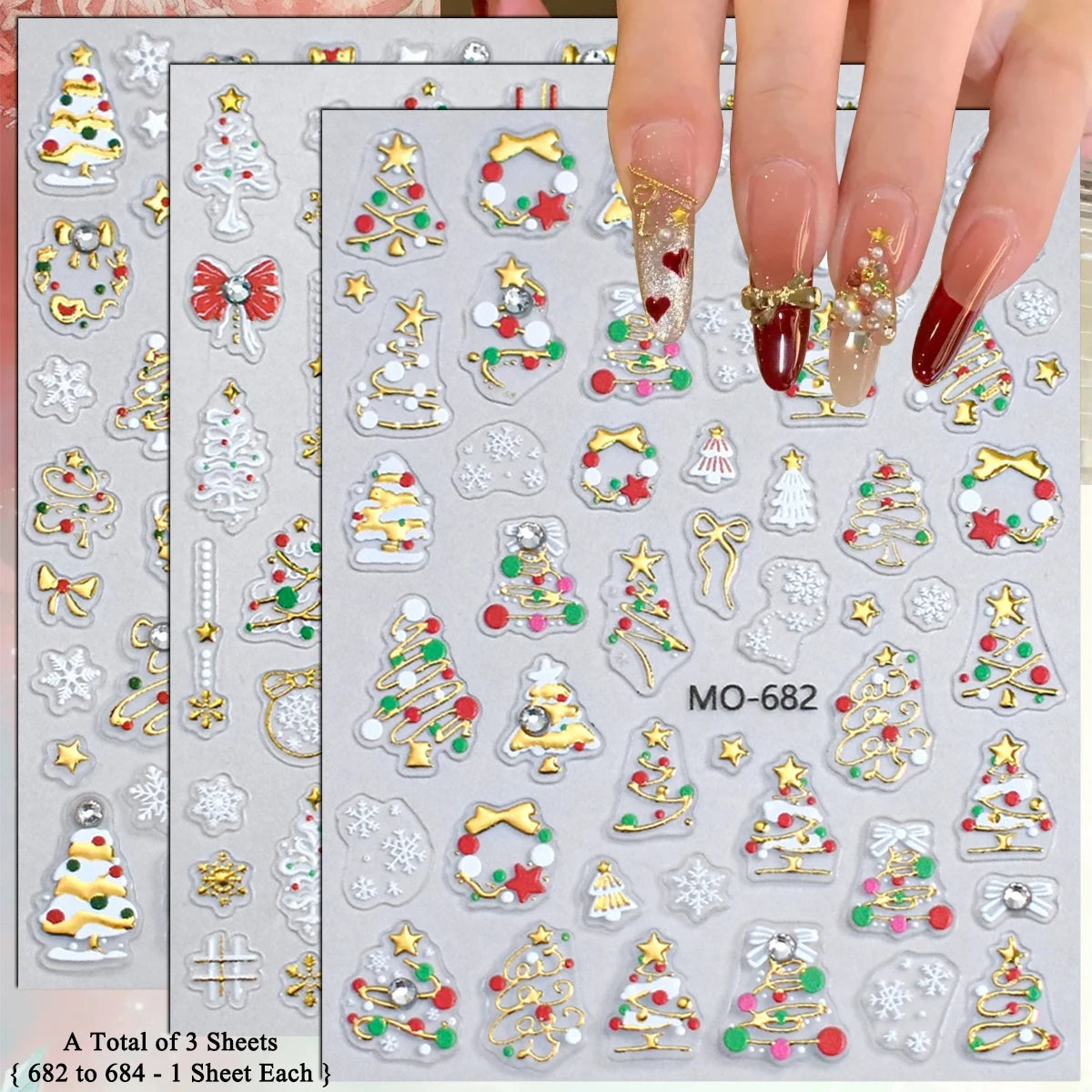 2 to 12 Sheets 5D Gold Silver Christmas Nail Decals Crystal Rhinestone Snowflake Xmas Tree Self Adhesive Nail Art Stickers