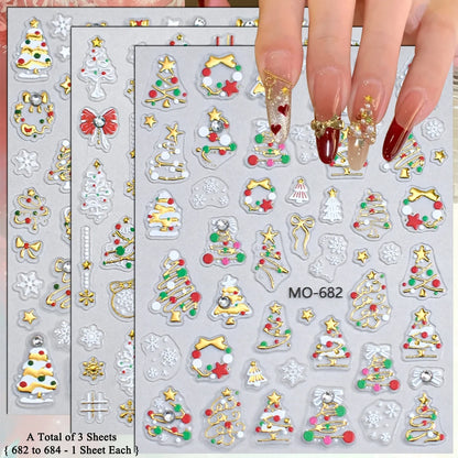 2 to 12 Sheets 5D Gold Silver Christmas Nail Decals Crystal Rhinestone Snowflake Xmas Tree Self Adhesive Nail Art Stickers