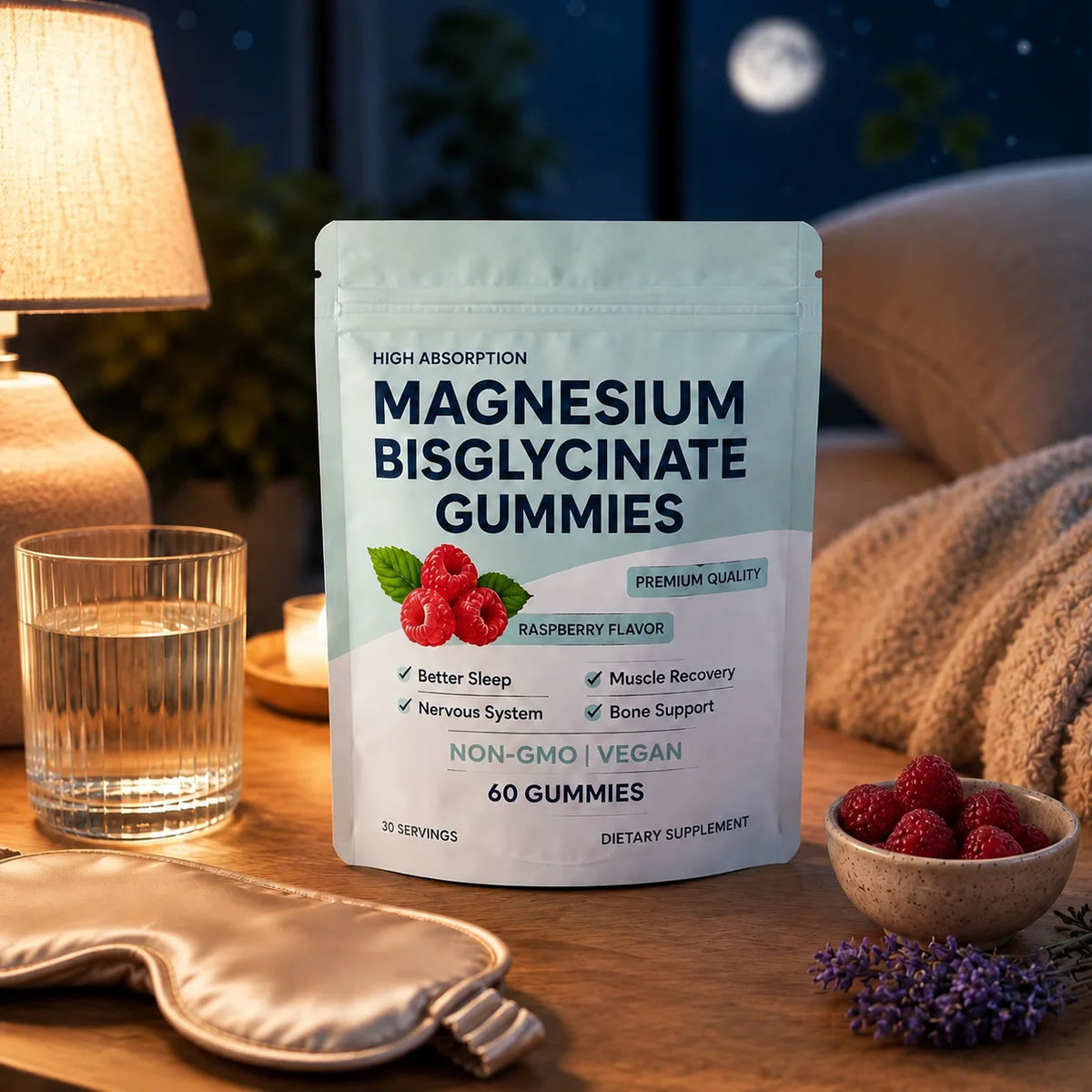 Magnesium Bisglycinate Gummies High Absorption Vegan Raspberry Flavor 60 Count Support Muscle Bone Health Non GMO Gluten Free