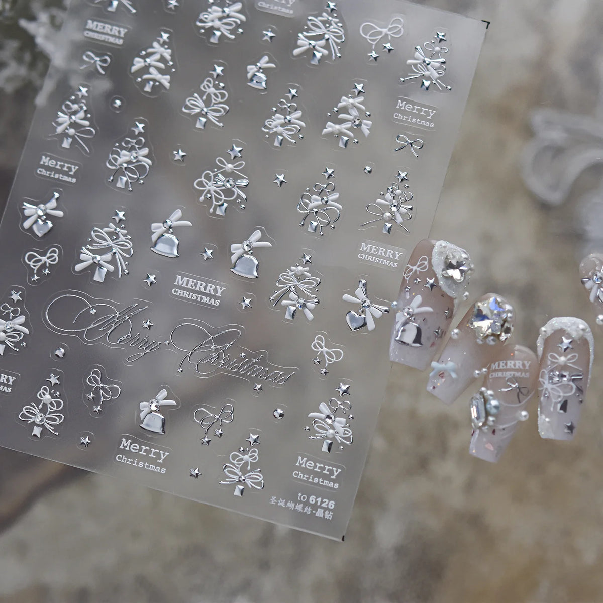 Luxury Winter Silver Crystal Christmas Nail Stickers Bow Star Pattern Nails 3D Decoration 3D Self Adhesive Nail Art Sticker DIY
