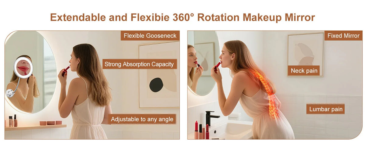 10X Magnifying Vanity Mirror with Light, Flexible Gooseneck Makeup Mirror, Battery Operated with Suction Cups & 3 Lighting Modes