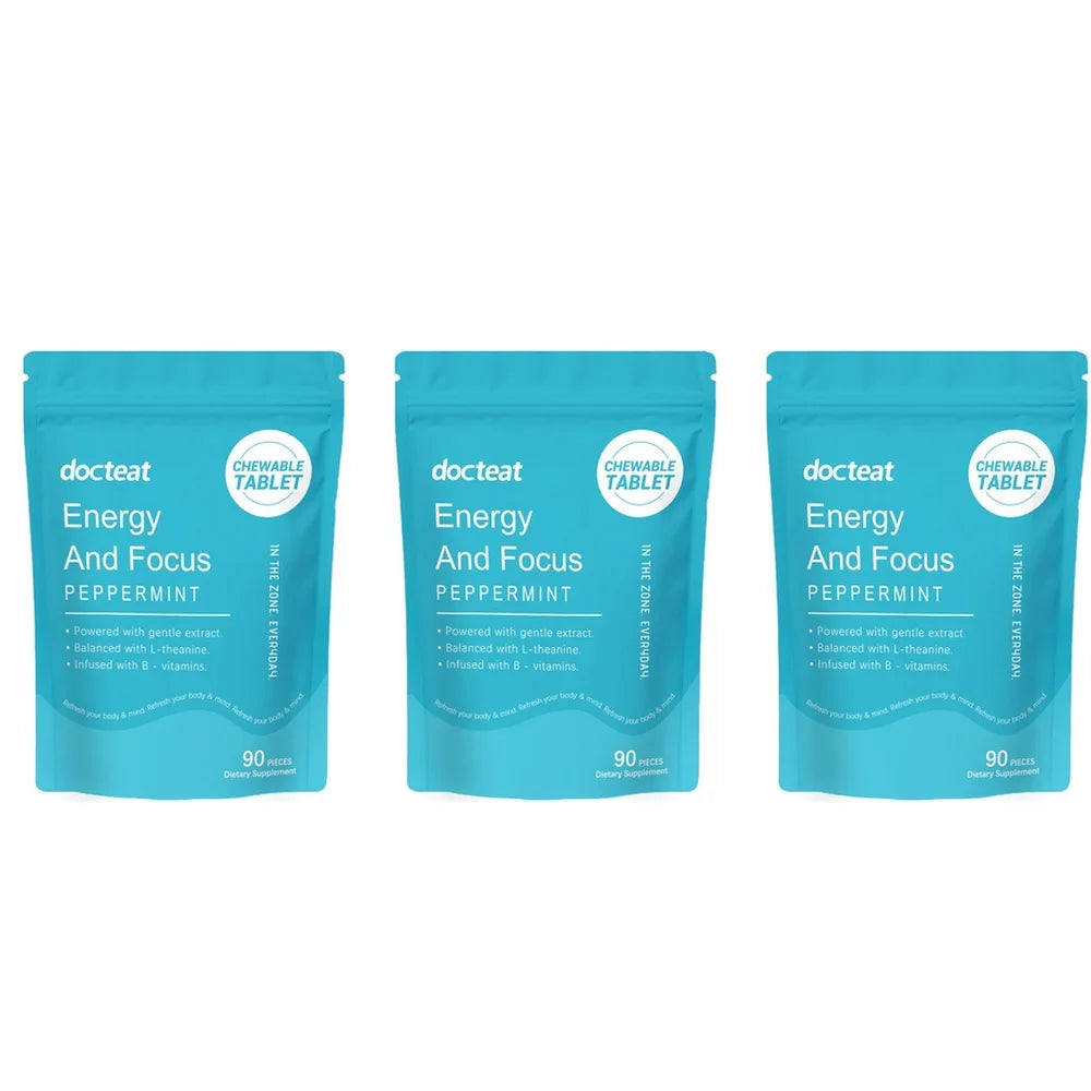 Docteat Peppermint Energy & Focus Chewable Tablets with L-Theanine and B Vitamins for Daily Vitality Support, 90 Tablets