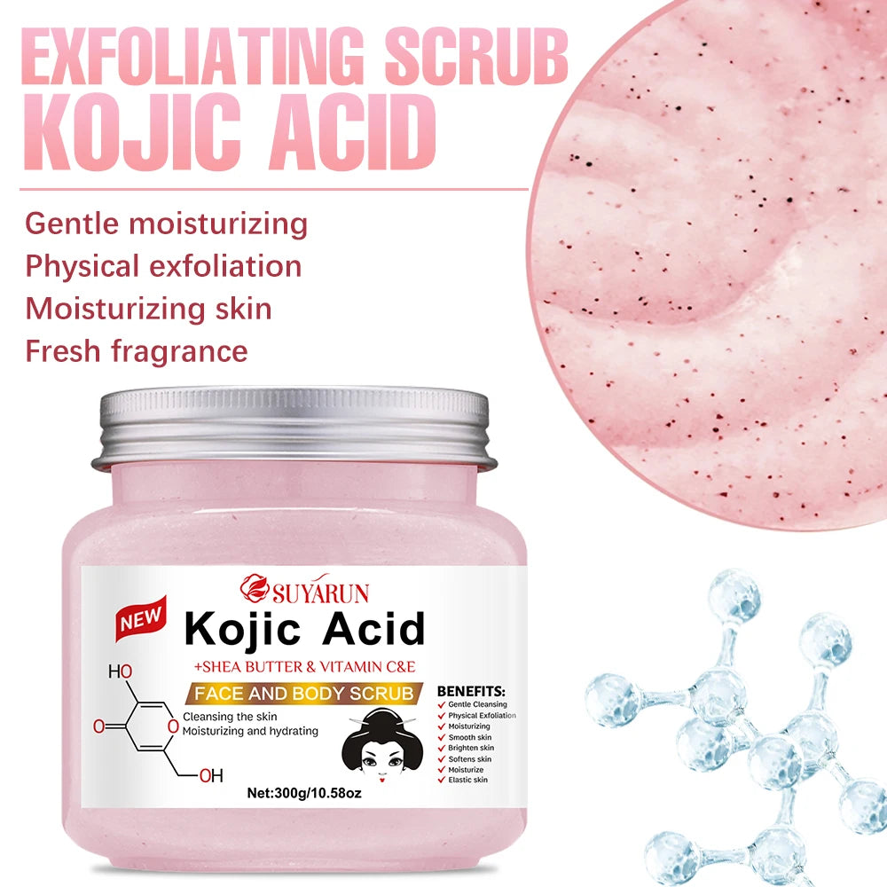 SUYARUN Kojic Acid Exfoliating Body Scrub - Brightening Dark Spot Remover, Natural Skin Smoothing Scrub for Soft Glowing Skin.