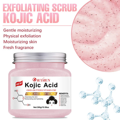 SUYARUN Kojic Acid Exfoliating Body Scrub - Brightening Dark Spot Remover, Natural Skin Smoothing Scrub for Soft Glowing Skin.