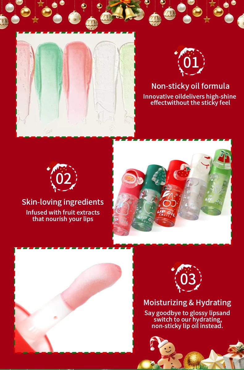 Christmas lip gloss gift box, long-lasting moisturizing and color changing lip oil, high gloss effect lip gloss 5- pieces