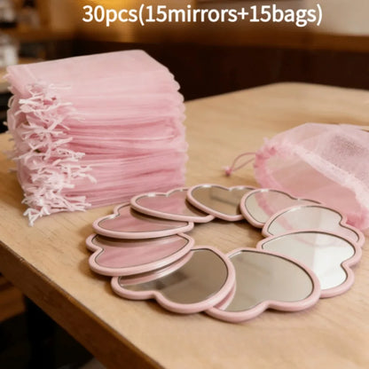 15 Pieces Set Heart Shaped Mini Mirrors with Pink Storage Bag Perfect for Travel Wedding Gifts and Korean Skincare Routines