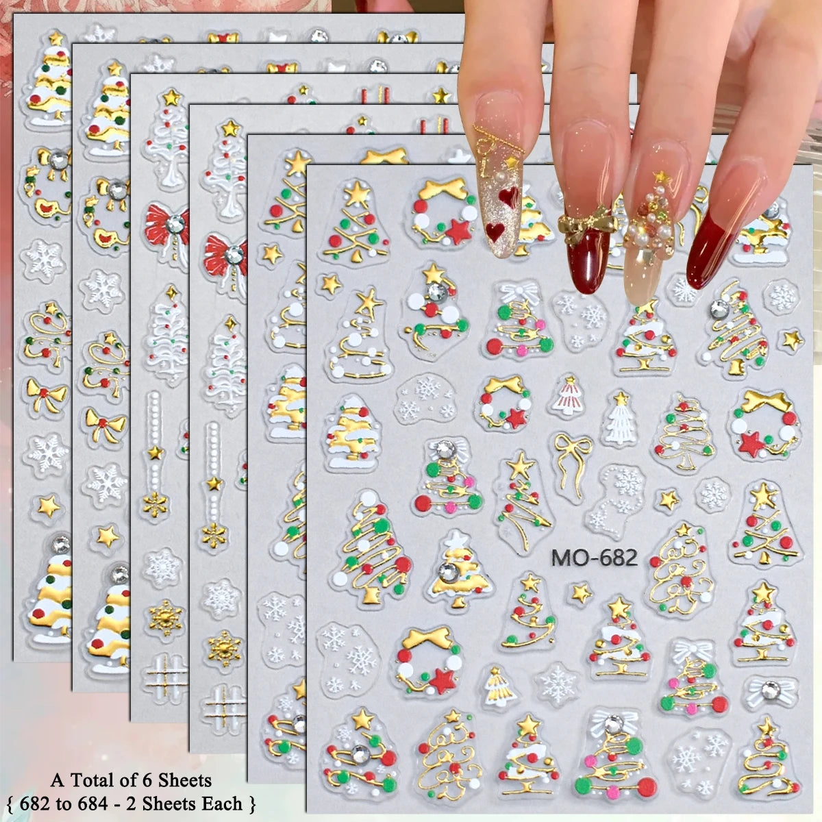 2 to 12 Sheets 5D Gold Silver Christmas Nail Decals Crystal Rhinestone Snowflake Xmas Tree Self Adhesive Nail Art Stickers